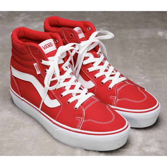 Vans Sk8 Hi Red White Platform Sneakers Skate Womens Size 10 Mens 8.5 NEW - Picture 1 of 16